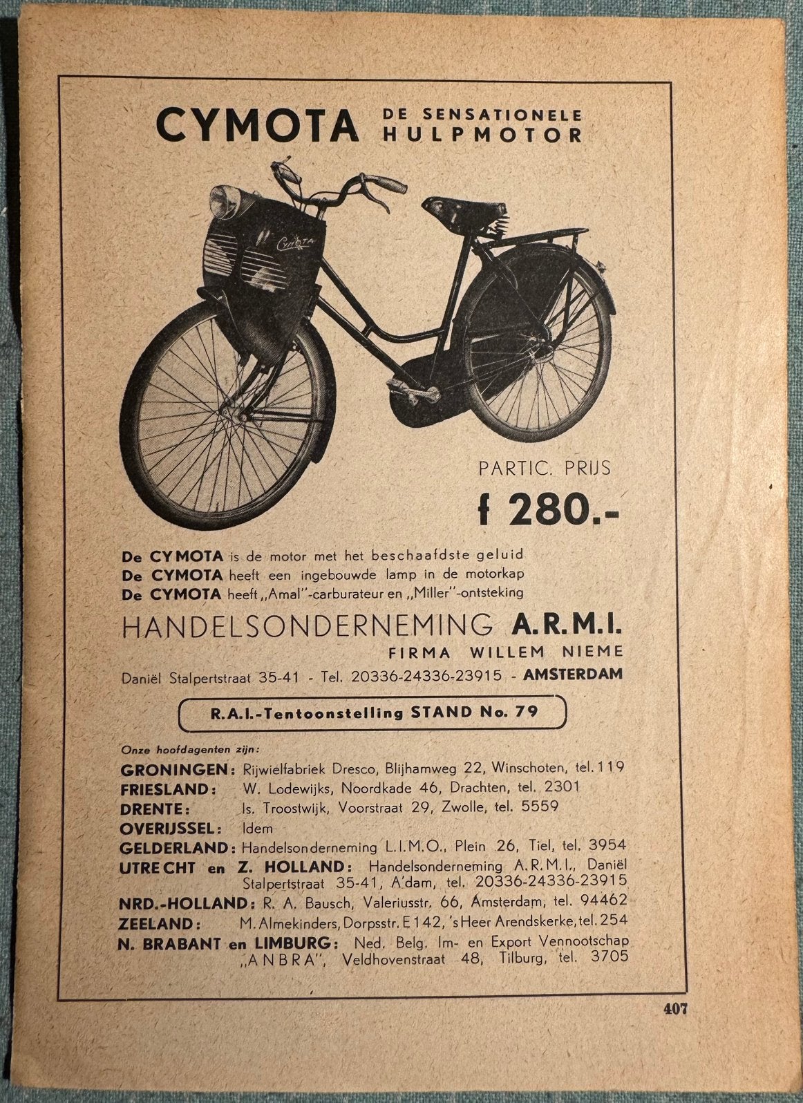 Advertentie 1951 Cymota hulpmotor Willem Nieme Amsterdam, Verzenden, Zo goed als nieuw, Motoren