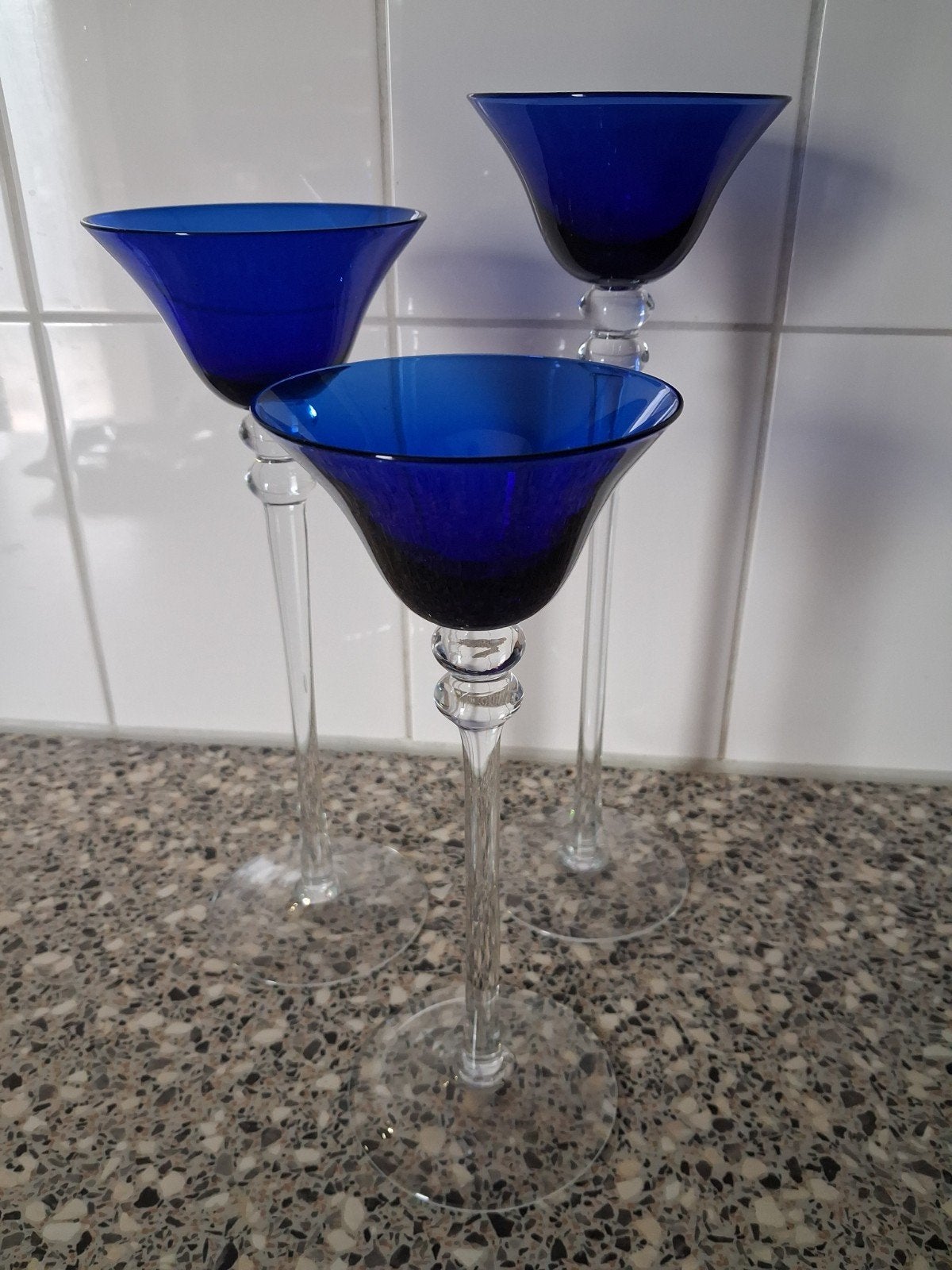 Set van 3 blauwe glazen waxinelichthouders / kandelaren, Ophalen, Blauw, Waxinelichthouder, Glas
