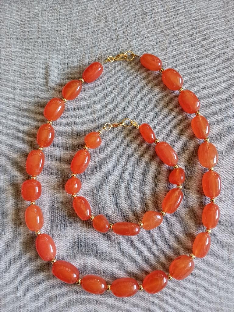 Prachtige chalcedone stenen, ketting en armband, Sieraden, Tassen en Uiterlijk, Kettingen, Ophalen of Verzenden, Nieuw, Oranje