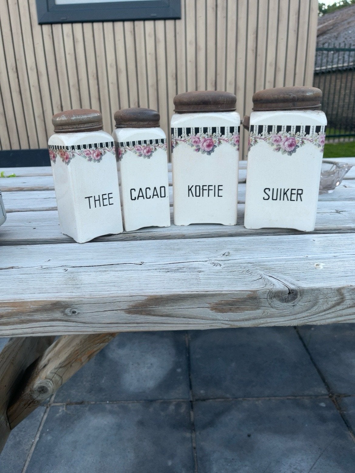 Set van 4 vintage voorraadpotten: Thee, Cacao, Koffie, Suike, Ophalen