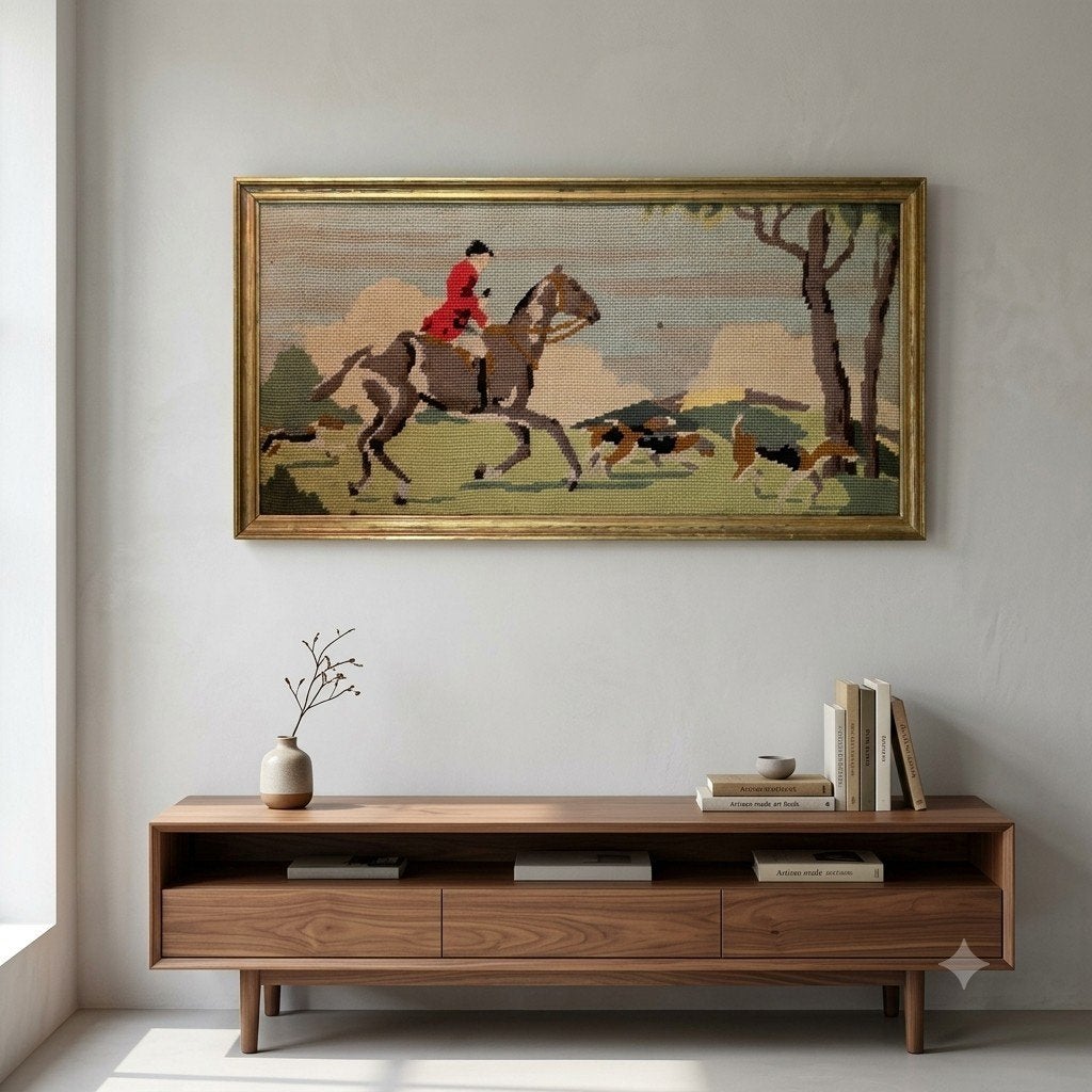 Vintage Gobelin Jachttafereel - Handgemaakt Wandtapijt, Antiek en Kunst, Ophalen of Verzenden