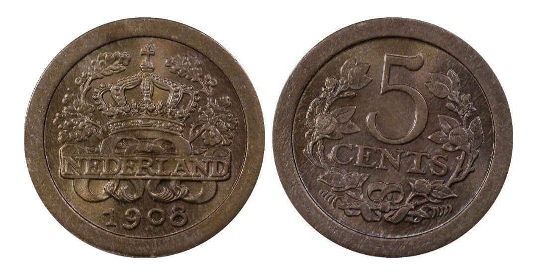5 cent stuiver 1908 PCGS MS66 POP 3/3 ex P.v.. collectie ;-), Postzegels en Munten, Munten | Nederland, Ophalen, Koningin Wilhelmina