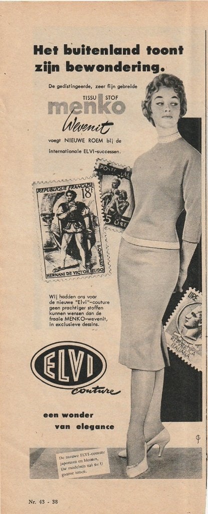 retro reclame 1958 Menko Elvi damesmode twinsetje, Verzamelen, Verzenden, Overige typen