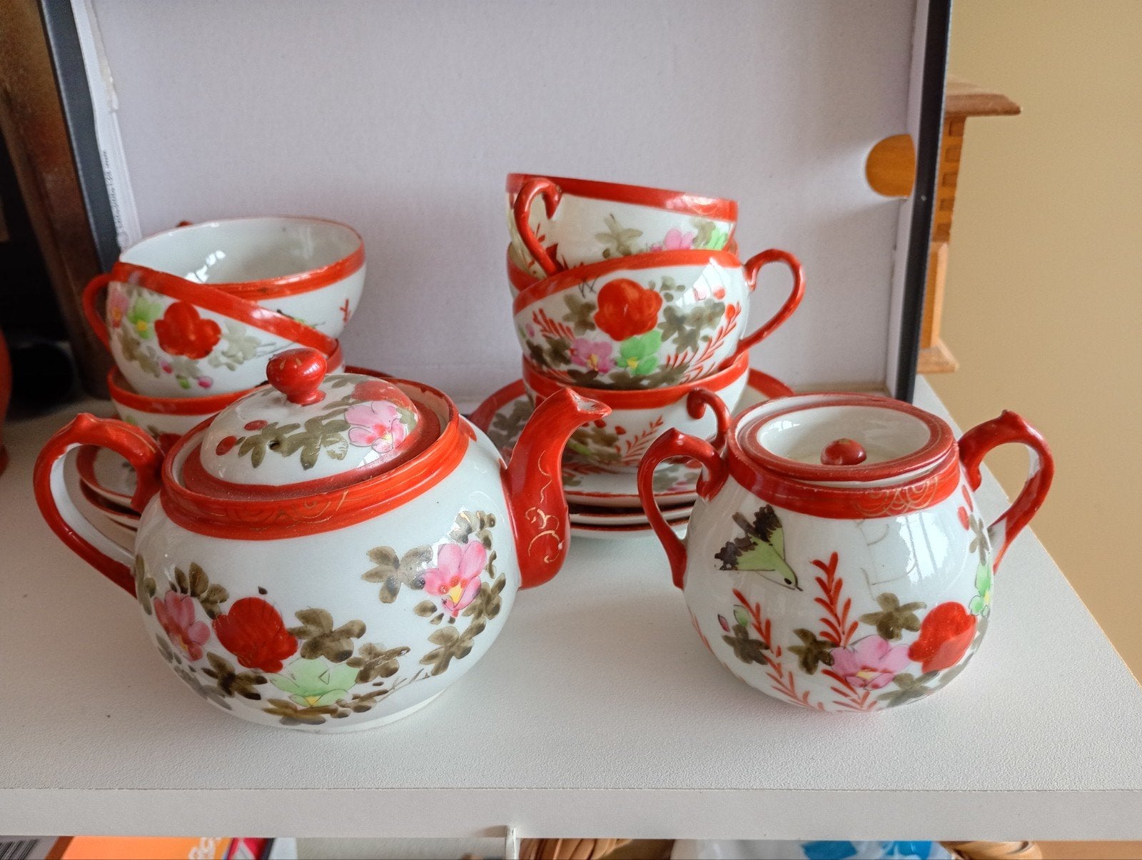 Vintage chinees theeservies met bloemen en vogels, Ophalen of Verzenden