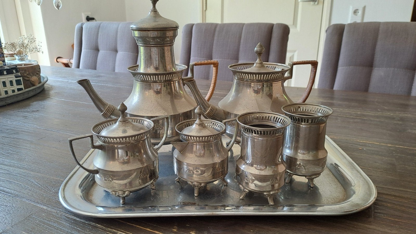 Antiek verzilverd/vertint theeservies met dienblad, Antiek en Kunst, Antiek | Tin, Ophalen of Verzenden