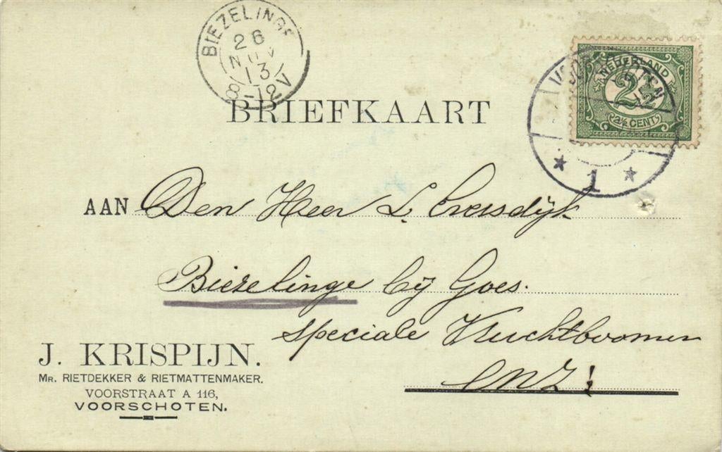 J. Krispijn, Voorschoten - 11.1913 - briefkaart, Ophalen of Verzenden, Briefkaart