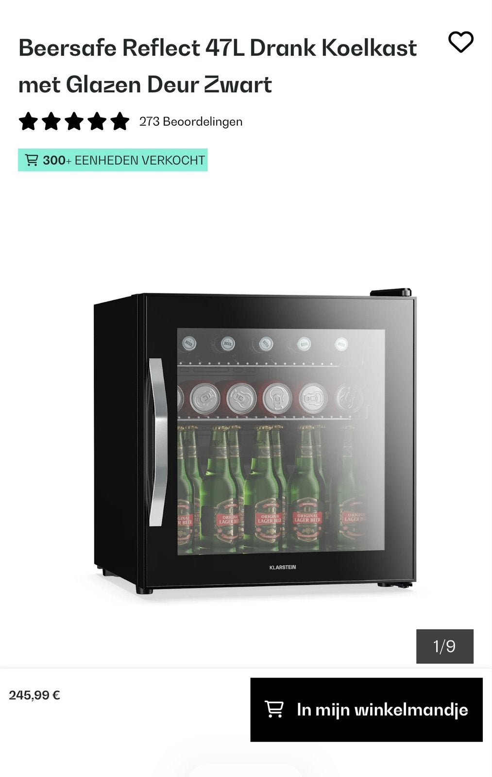 Klarstein Beersafe Reflect 47L Drank Koelkast Zwart, Ophalen, Zonder vriesvak, Nieuw, Minder dan 75 liter