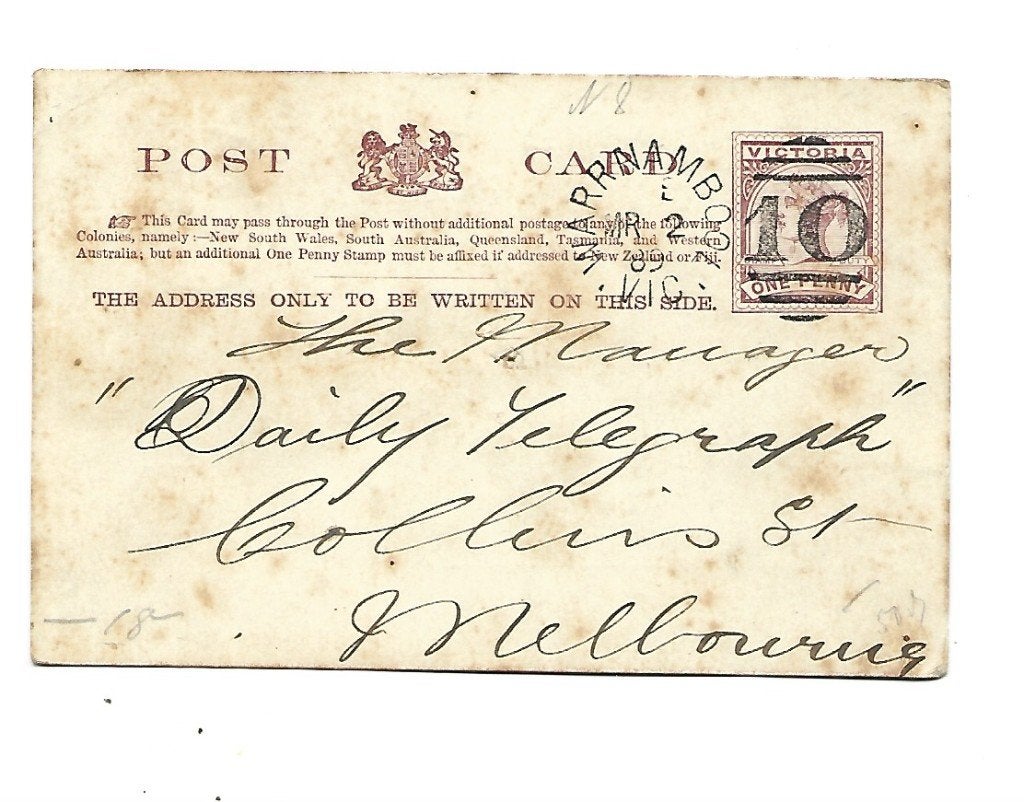 Victoria -Briefkaart =1889, Verzenden, Briefkaart