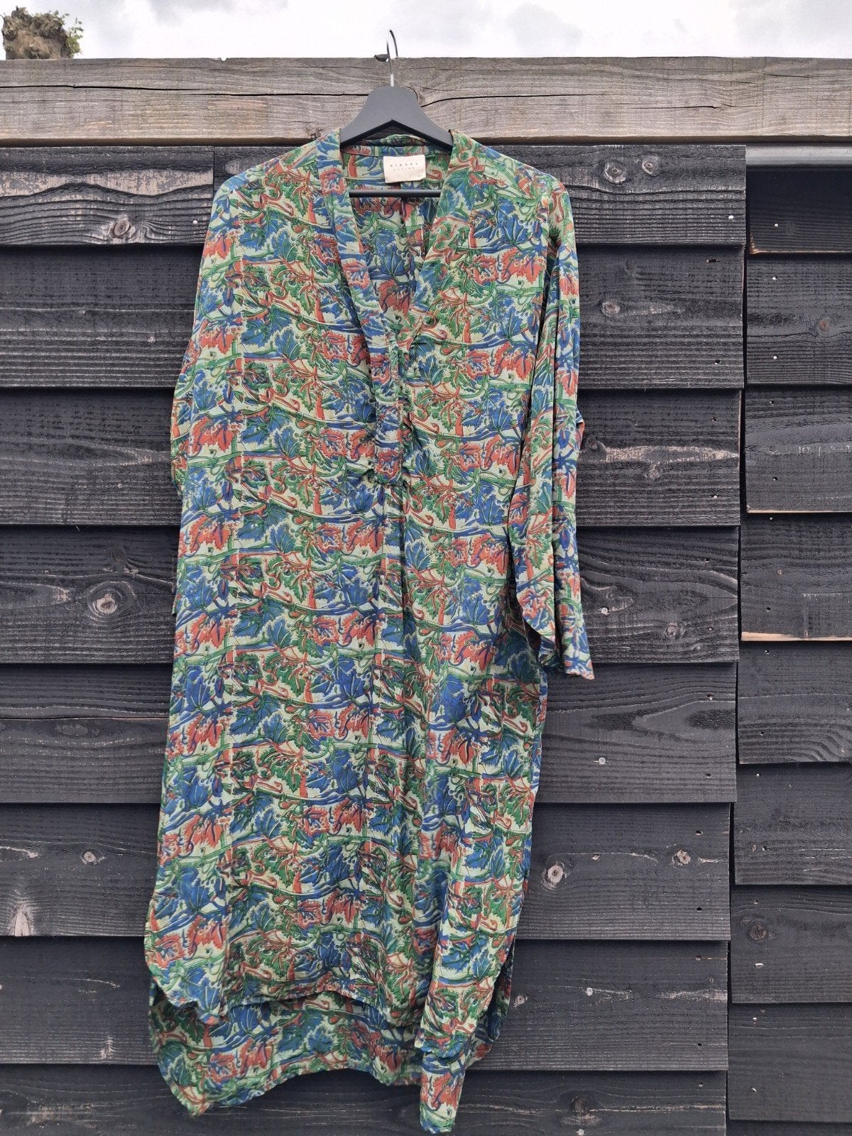 Sissel Edelbo Zijden Kimono Jurk - Upcycled Vintage Sari, Maat 38/40 (M), Blauw, Zo goed als nieuw, Onder de knie