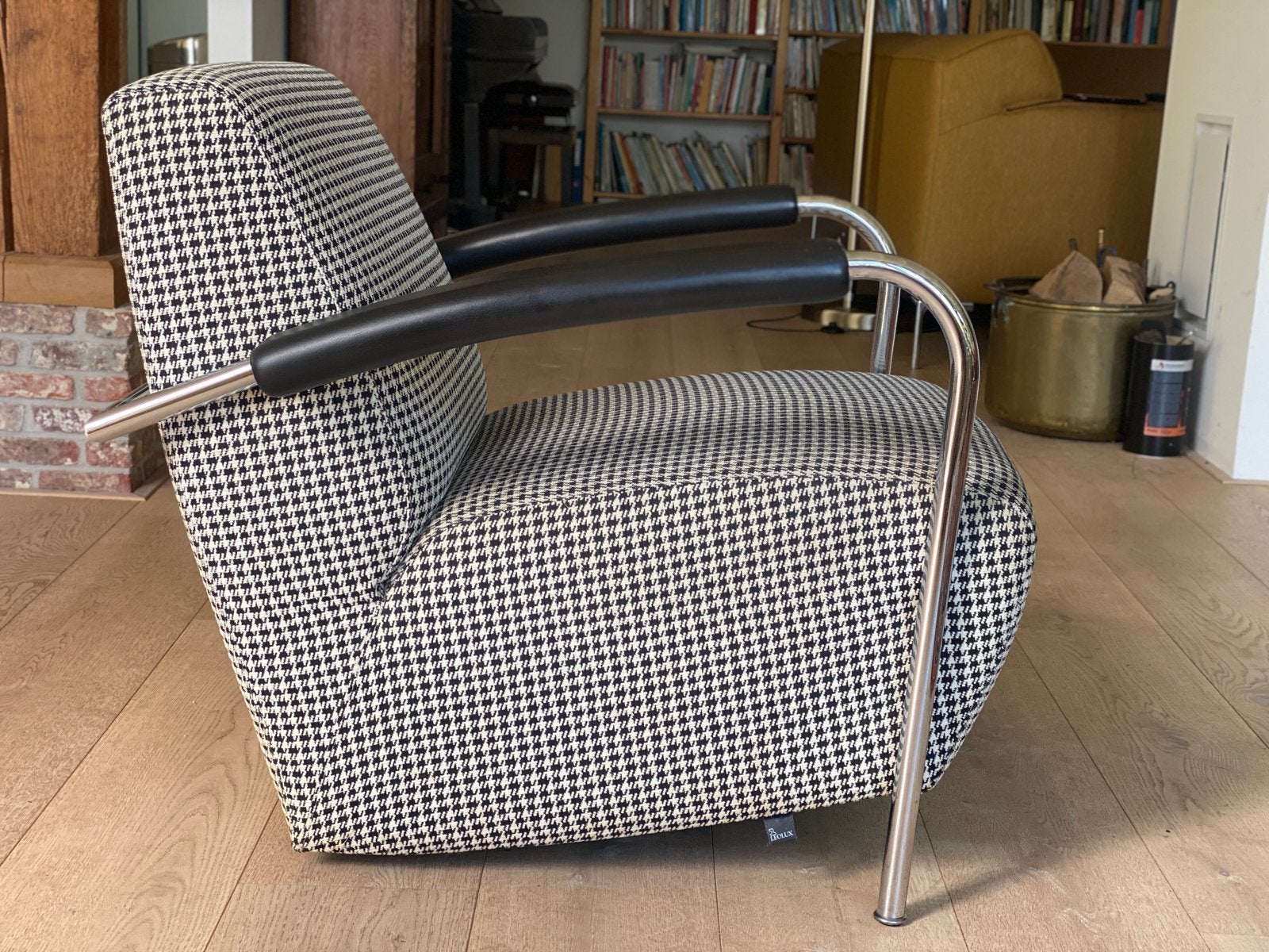 Leolux Scylla fauteuil, pied-de-poule stof met chromen frame, Gebruikt, Overige kleuren, Ophalen of Verzenden, Stof