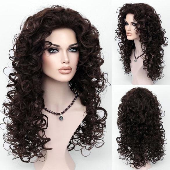 Sexy pruik bruin lang haar met volle krullen zonder pony, Verzenden, Nieuw, Pruik of Haarverlenging