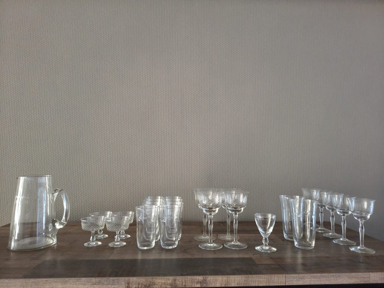 Vintage Geëtst Glasservies - Diverse Glazen en Karaf, Ophalen