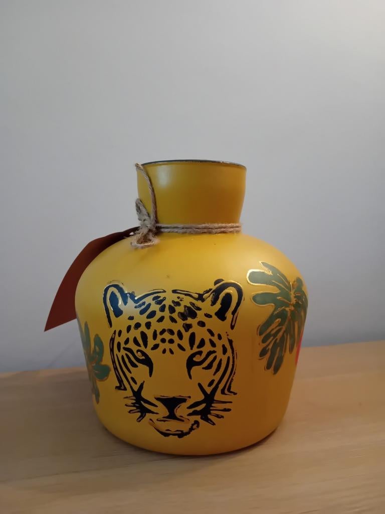Handgeschilderde Okergele Vaas met Luipaardprint, Geel, Nieuw, Ophalen of Verzenden, Glas
