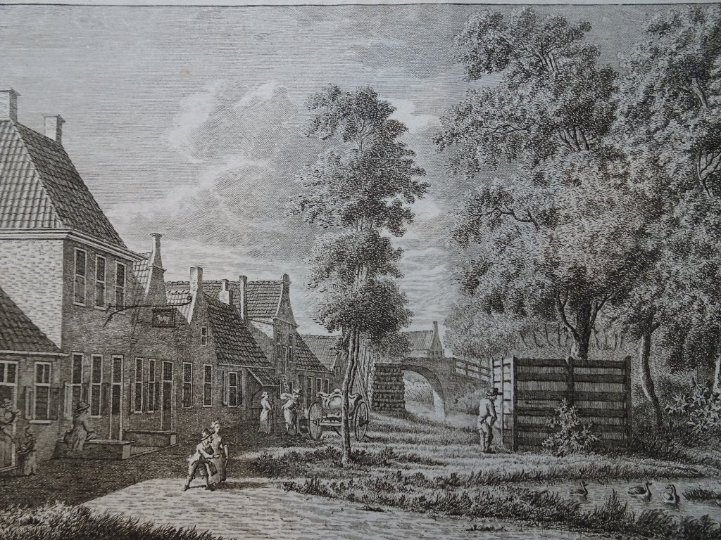gravure plassende man in Winsum Friesland, Bendorp 1793, Verzenden, Stadsgezicht, Gravure, Origineel