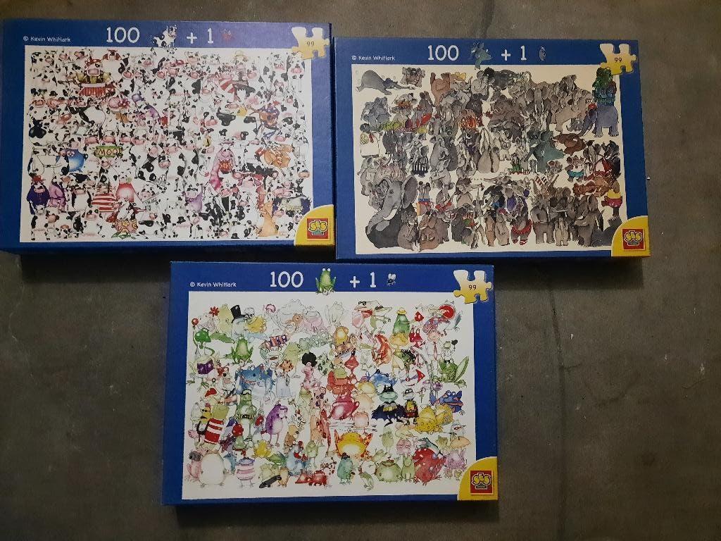 3 puzzels van KEVIN WHITLARK  kikkers,koeien olifanten 99st., Ophalen of Verzenden, Minder dan 500 stukjes, Zo goed als nieuw