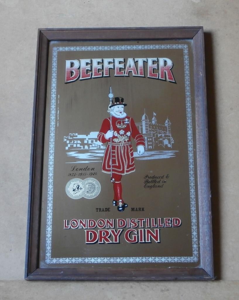 Reclamespiegel Beefeater London Dry Gin barspiegel 54x36cm, Verzamelen, Ophalen, Gebruikt, Reclamebord
