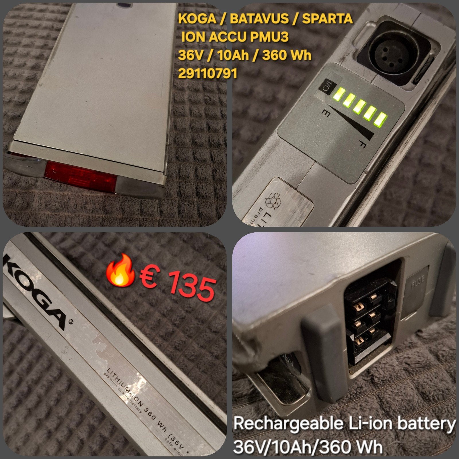 Koga/Batavus/Sparta ION Accu PMU3 36V/10Ah/360Wh, Ophalen of Verzenden, Gebruikt