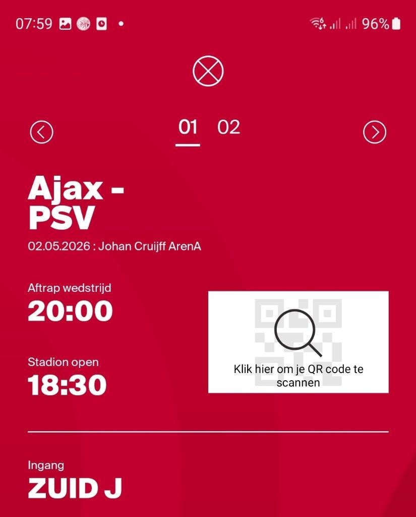 Ajax – PSV ticket te koop Zuid J, Tickets en Kaartjes, Eén persoon, Februari