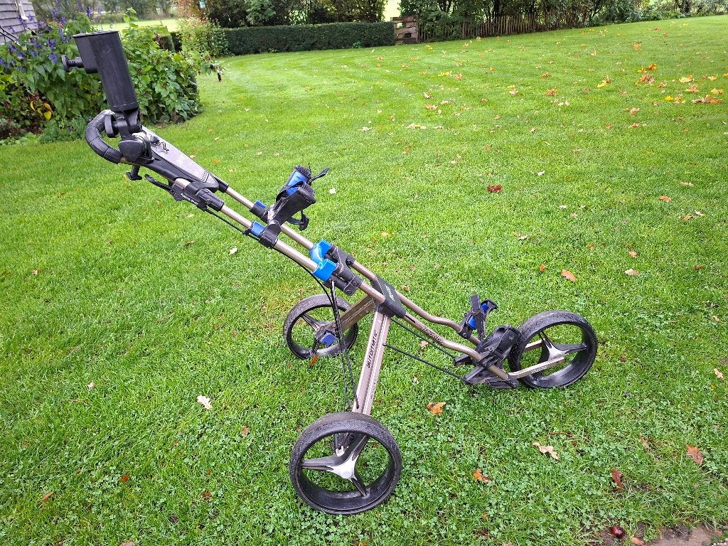 Trolley BagBoy C800 automatic met parapluhouder. Golfkar, Ophalen of Verzenden, Zo goed als nieuw, Golfkar