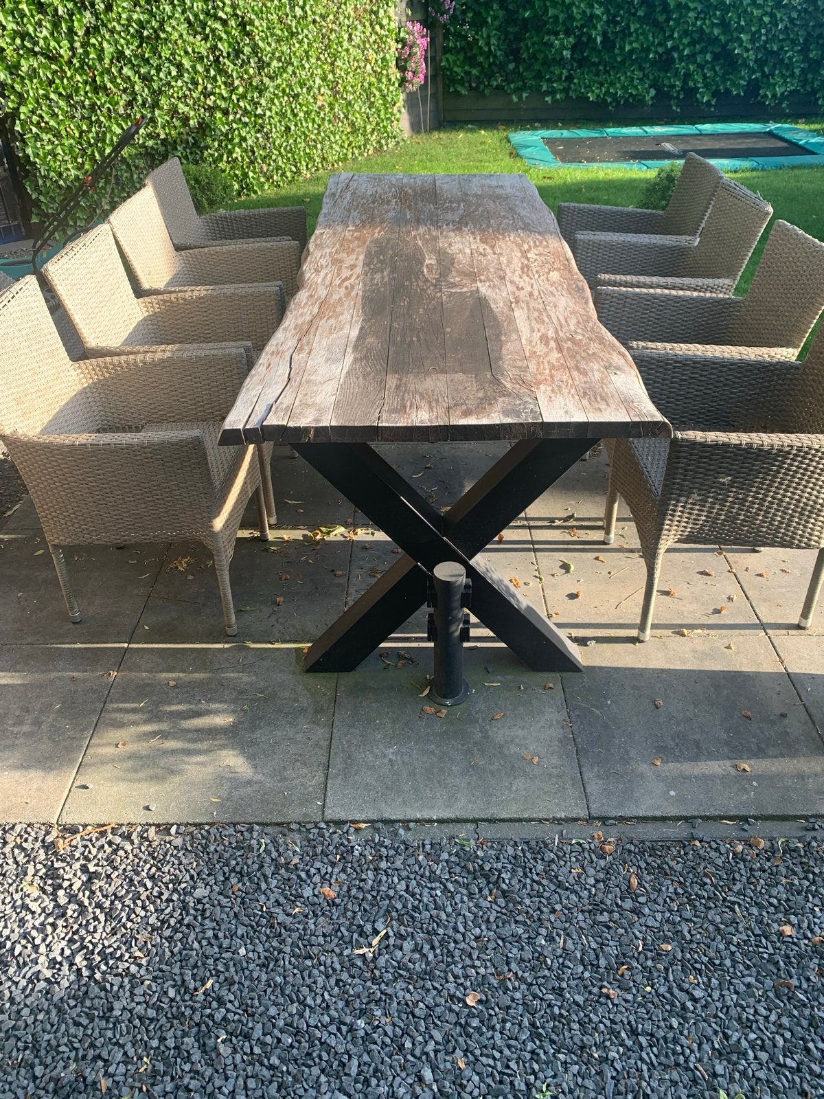 Boomstamtafel met onderstel (zonder stoelen), Huis en Inrichting, Tafels | Eettafels, Ophalen, Gebruikt, 200 cm of meer, 50 tot 100 cm