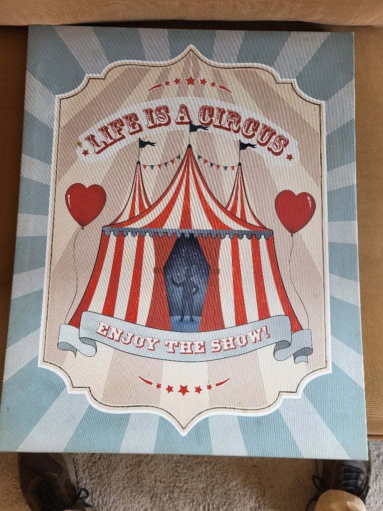 Circus/''Life is a Circus''/leuke linnenposter houten frame., Ophalen of Verzenden, Zo goed als nieuw