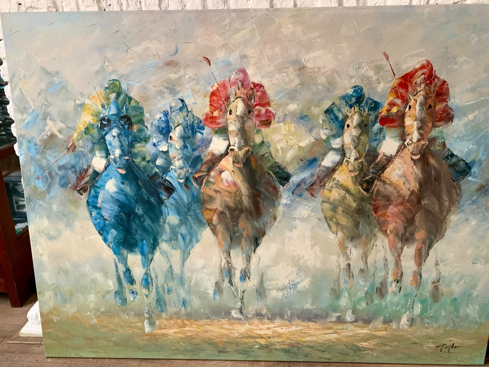 Groot Canvas Schilderij: Dynamische Paardenrace, Antiek en Kunst, Ophalen, Handgeschilderd, Dieren, Olieverf