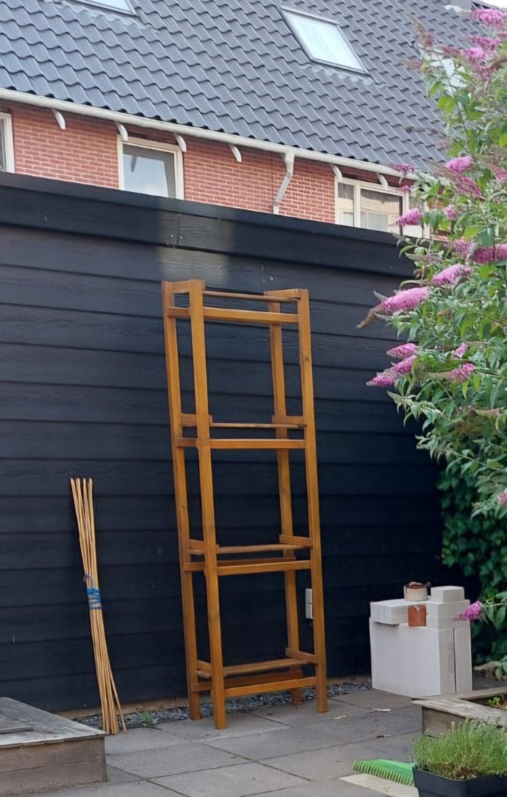 Houten plantenrek inclusief 4 potjes, in goede staat, Tuin en Terras, Ophalen, Gebruikt, Rond, Hout