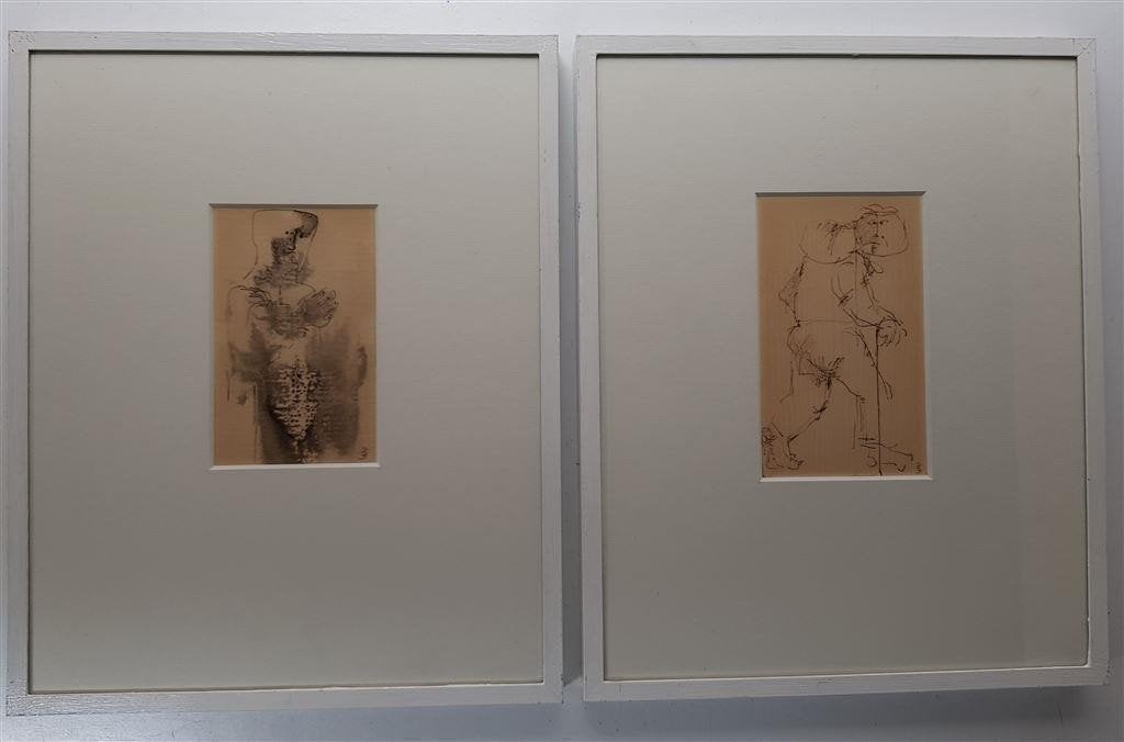 2 tekeningen in witgeschilderde wissellijstjes, Antiek en Kunst, Kunst | Tekeningen en Foto's, Ophalen of Verzenden