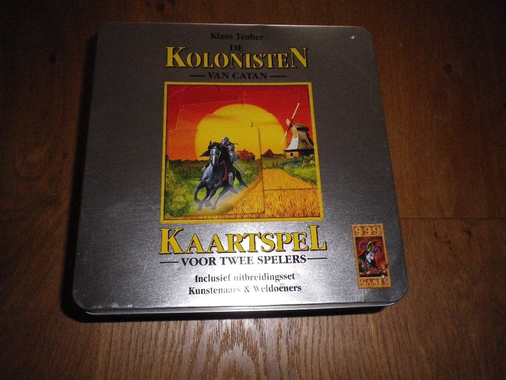 Kolonisten van Catan kaartspel met uitbreiding in blik, Hobby en Vrije tijd, Gezelschapsspellen | Bordspellen, Ophalen, Gebruikt
