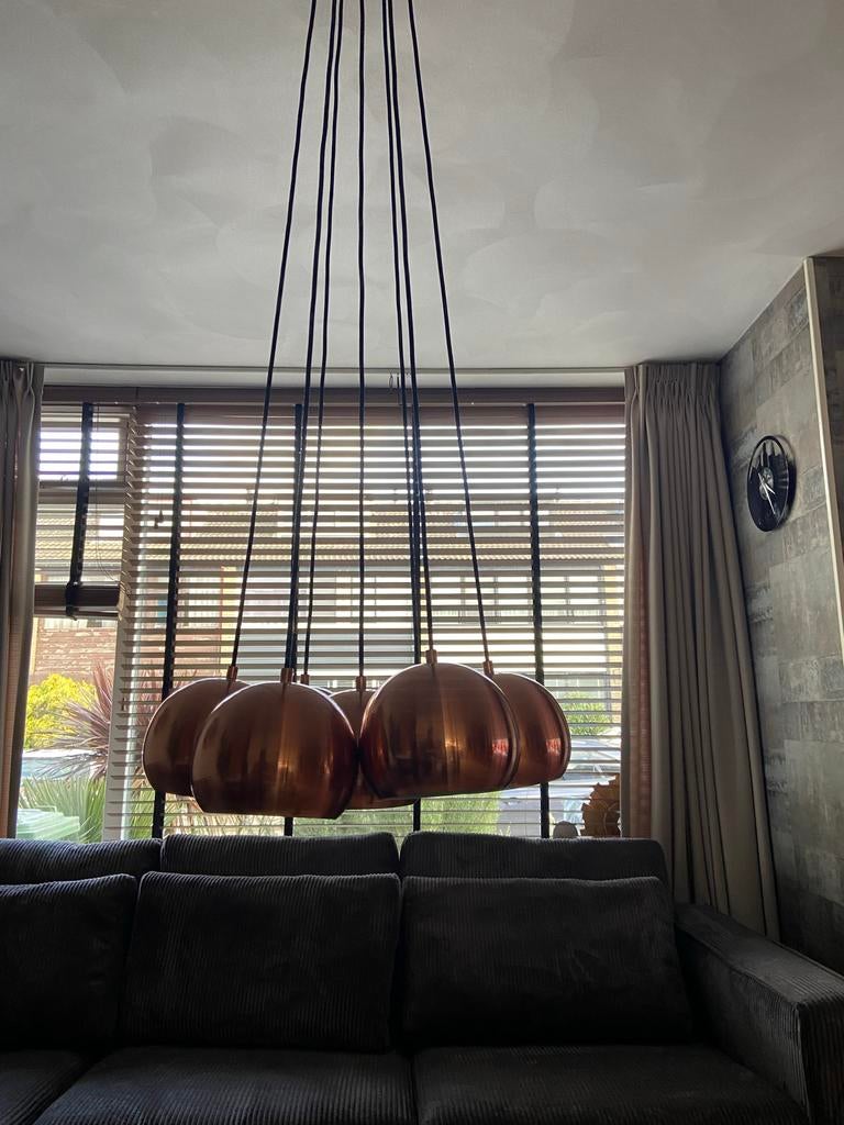 Koperen hanglamp met 7 bollen - Modern design, Ophalen, Zo goed als nieuw, Metaal, 75 cm of meer
