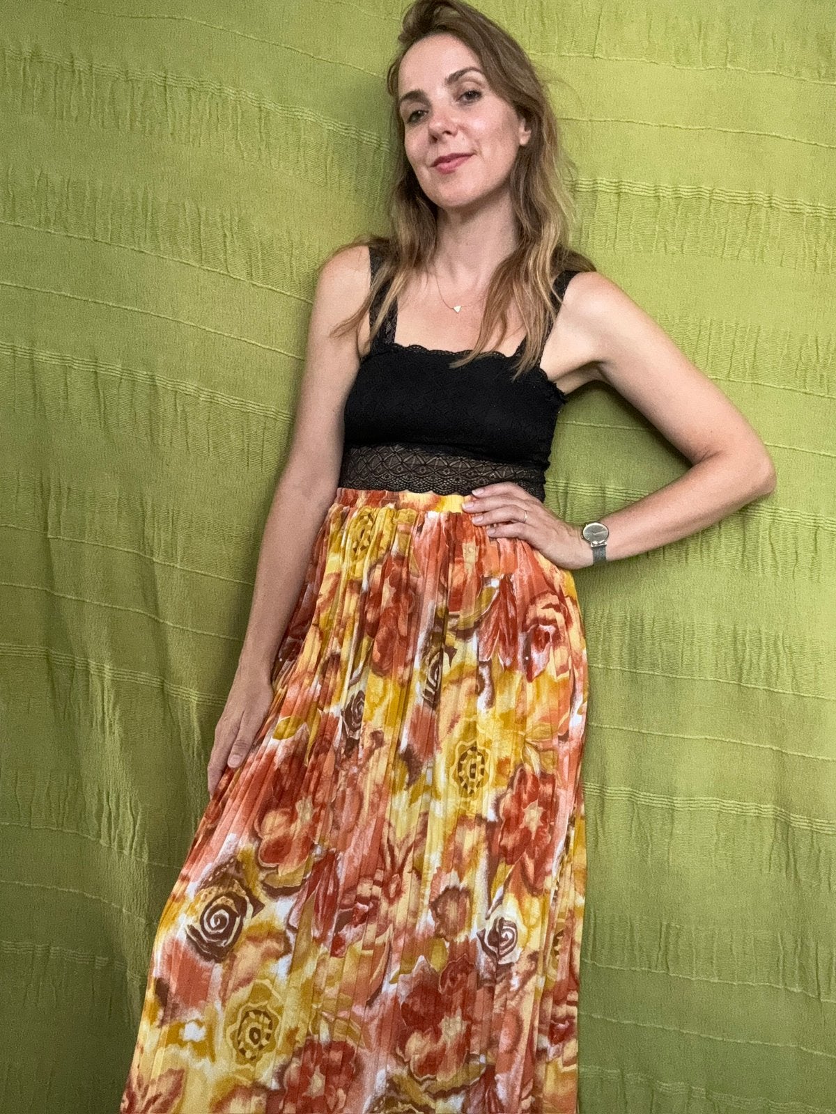 Vintage lange rok - geel / bruin - print - 36/S, Kleding | Dames, Hgv, Ophalen of Verzenden, Maat 36 (S), Gedragen