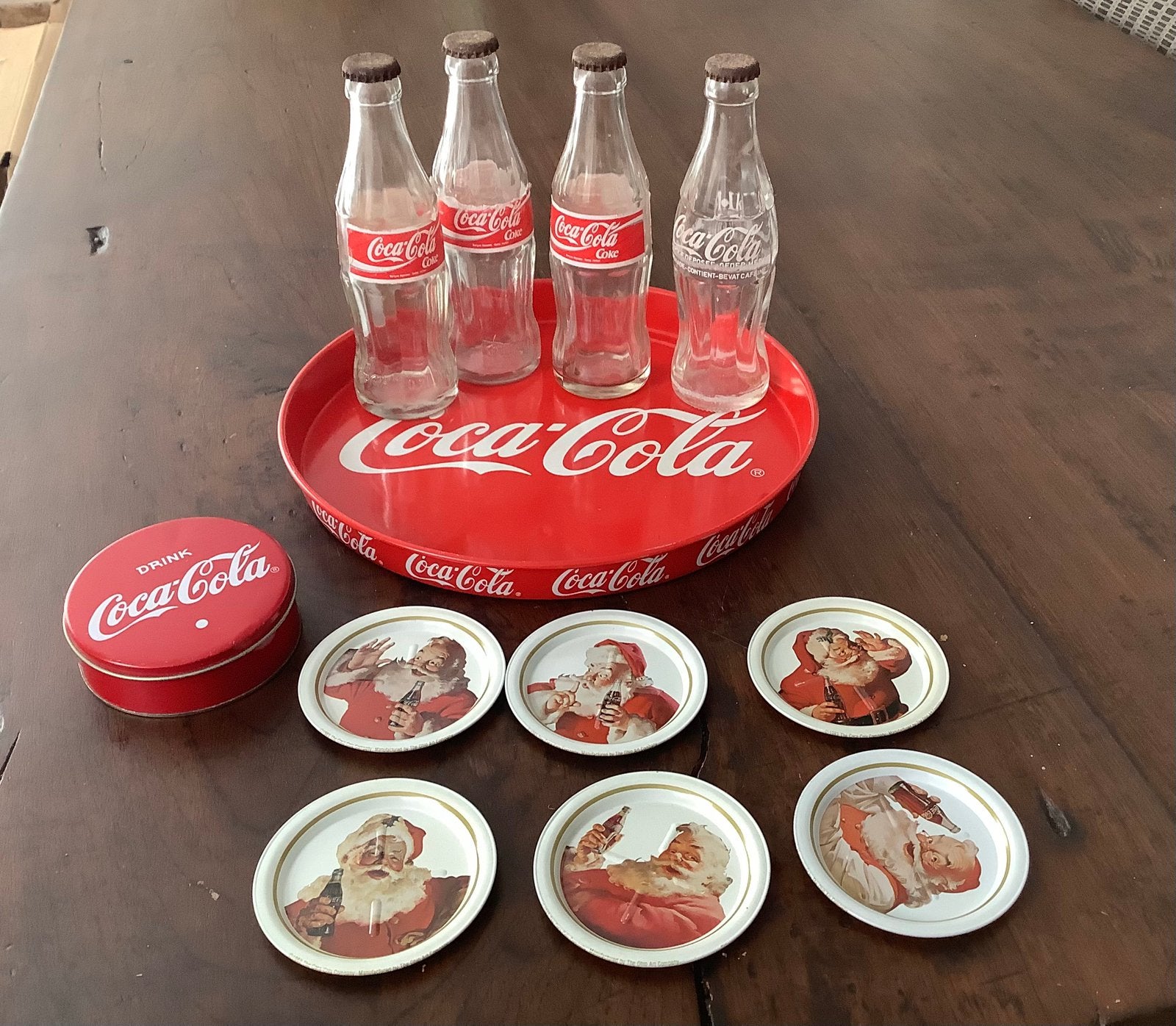 Vintage glazen Coca Cola flesjes met dienblad/ onderzetters, Ophalen of Verzenden, Zo goed als nieuw