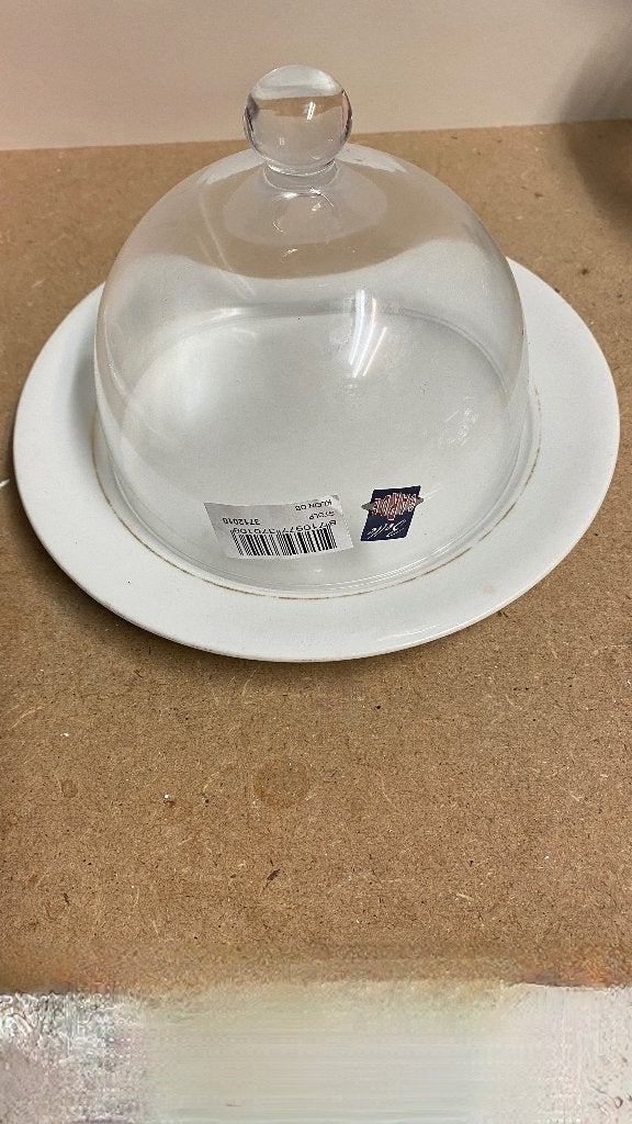Glazen stolp met wit schoteltje, 15 cm, Ophalen of Verzenden, Zo goed als nieuw, Met plateau