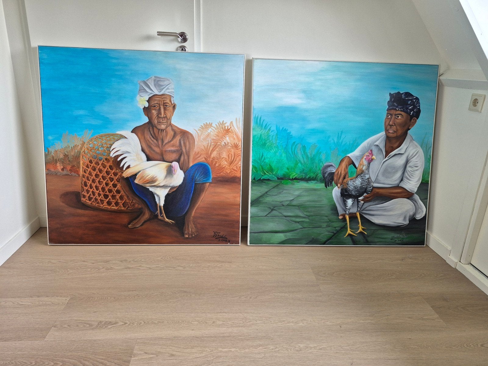 Twee Balinese schilderijen van 1m x 1m, Ophalen of Verzenden