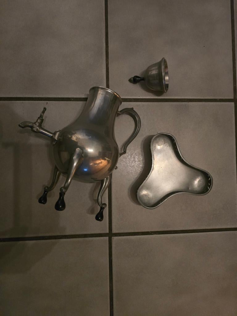Antieke tinnen koffie- of theekan met spiritusbrander, Antiek en Kunst, Antiek | Tin, Ophalen