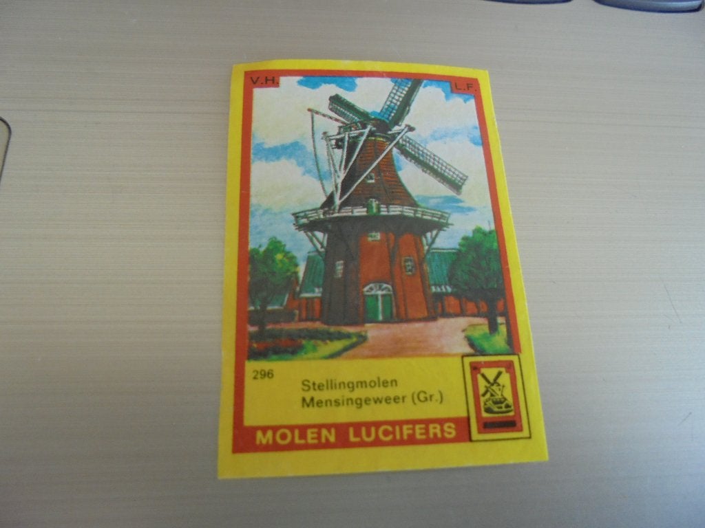 Oud lucifermerk Stellingmolen in MESINGEWEER Groningen, Verzamelen, Rookartikelen, Aanstekers en Luciferdoosjes, Zo goed als nieuw