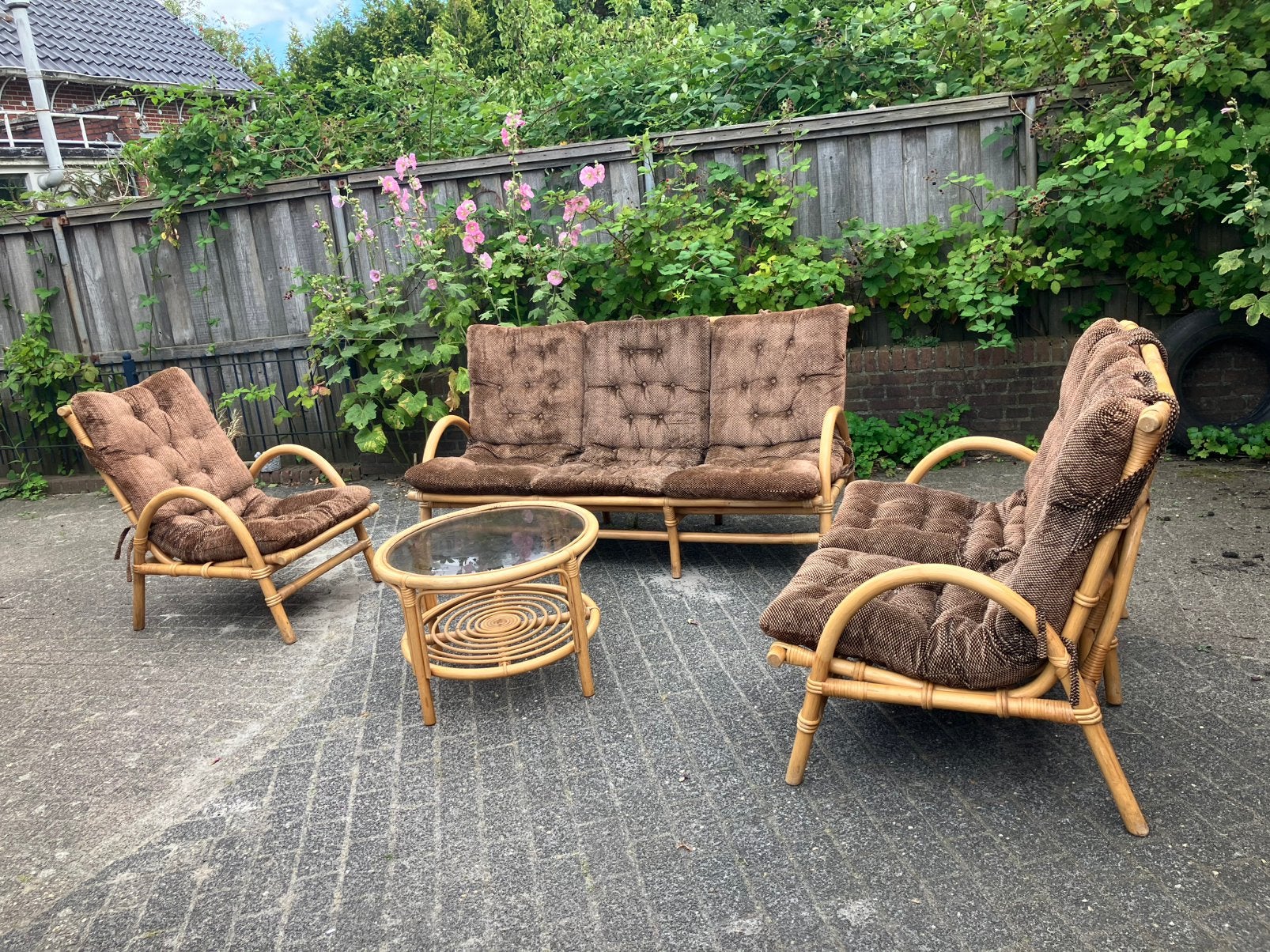 Prachtig bankstel / tuinset. Bamboe met kussens., Ophalen, Overige materialen, 6 zitplaatsen, Zo goed als nieuw
