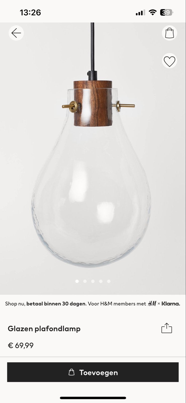 H&M Home Glazen Plafondlamp met Mangohouten Fitting, E14, Ophalen, Nieuw, Glas, E14 (klein)