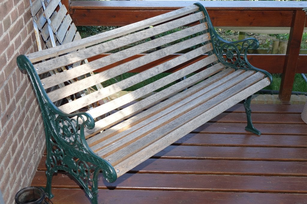 Tuinbank met gietijzeren frame en houten latten, Tuin en Terras, Tuinbanken, Ophalen, Gebruikt, Hout