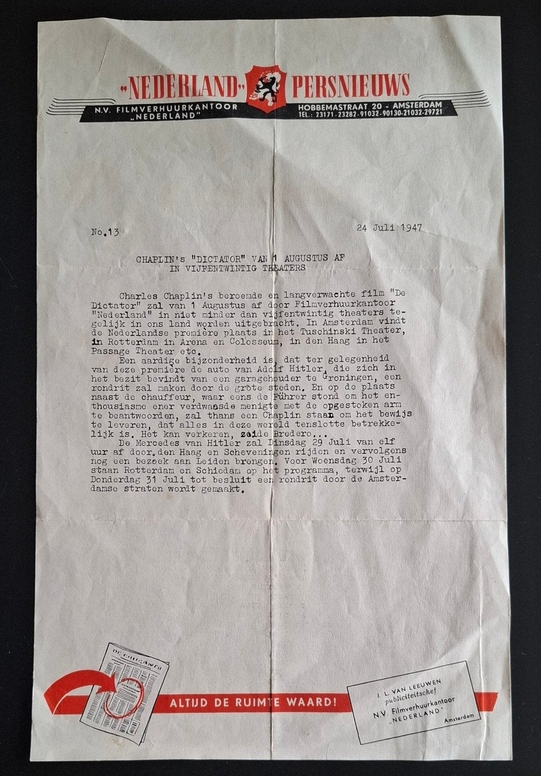 Zeldzaam persbericht Chaplin's "Dictator" 1947, Ophalen of Verzenden