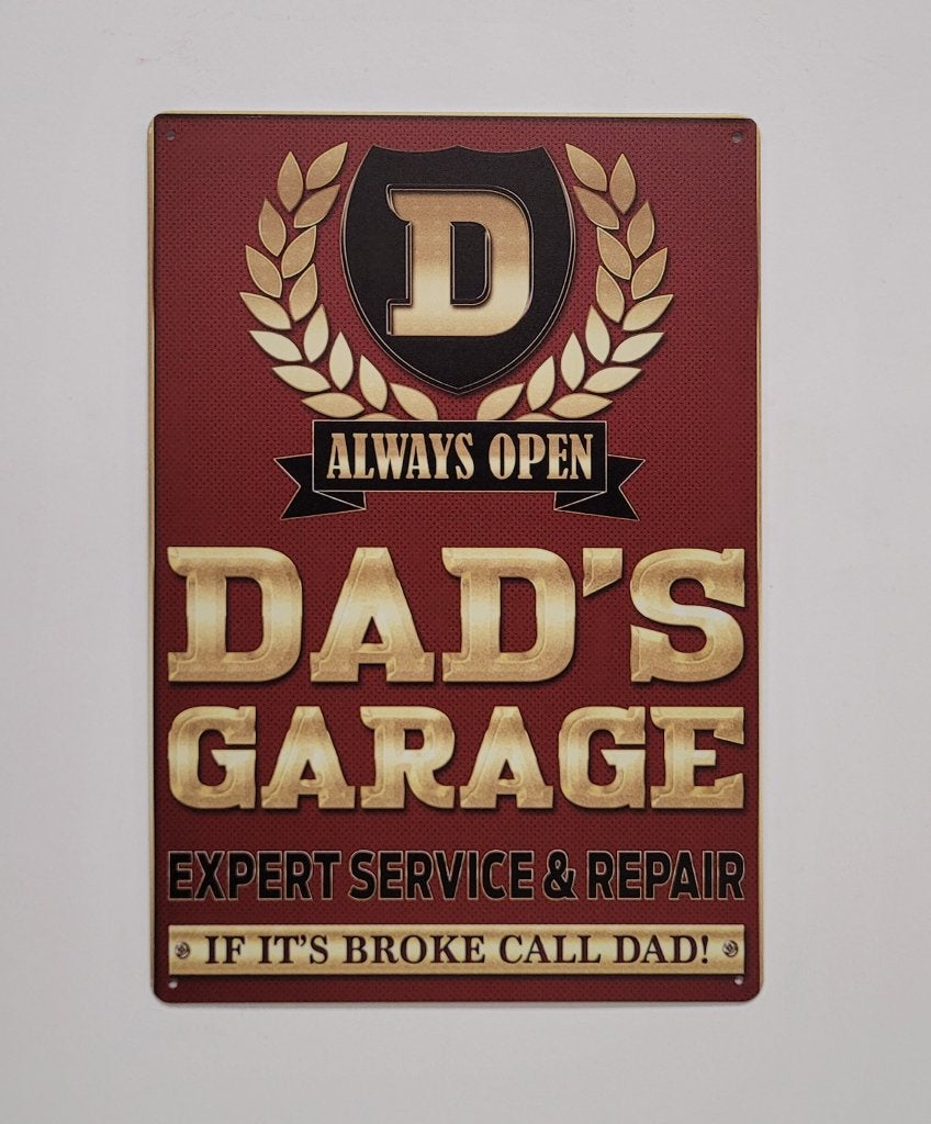 Dad's Garage always open reclamebord van metaal wandbord, Info@deconoord.nl, Deco Noord, Nieuw, Ophalen of Verzenden