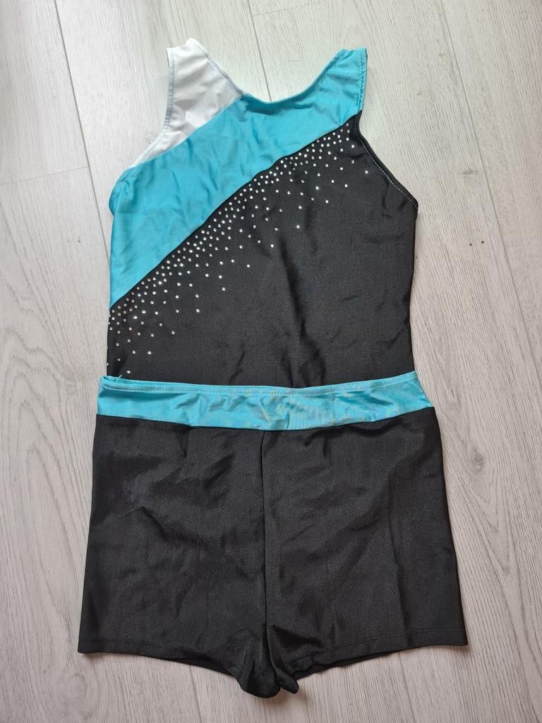 Nieuw turnpakje met short zwart/turquoise 146/152 11-12jaar, Sport en Fitness, Turnen, Nieuw, Turnpak(je), Kindermaat 146 t/m 176