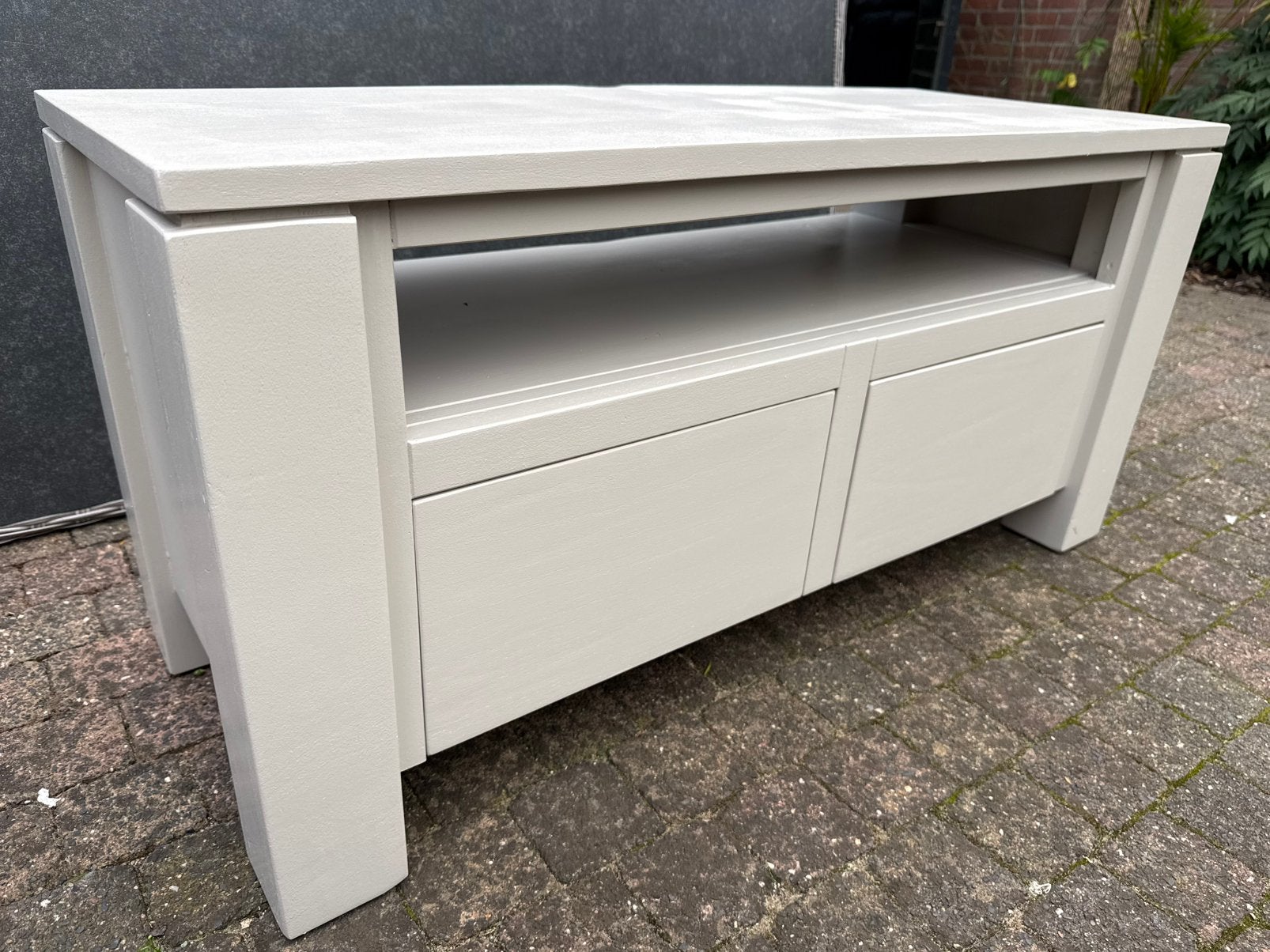 Eiken TV-meubel 103 cm – taupe – stijlvol opgeknapt, Ophalen, 100 tot 150 cm, Eikenhout, Zo goed als nieuw