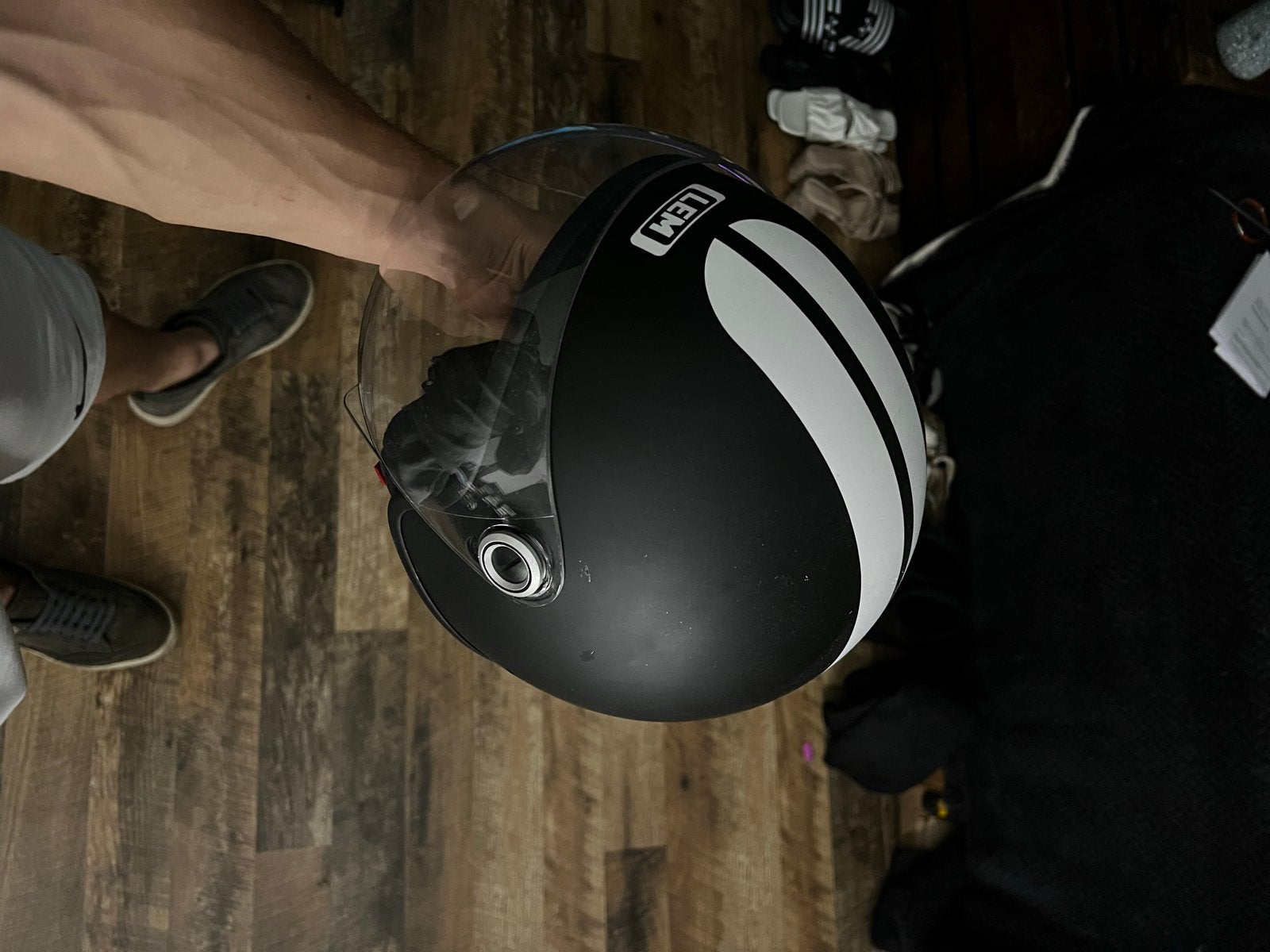 LEM Brommer Helm Maat S - Zwart met Witte Strepen, Ophalen of Verzenden, Gebruikt, Small