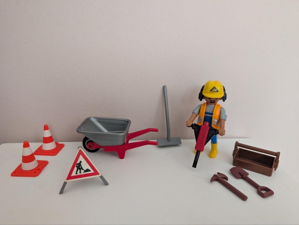 Playmobil werkman met drilboor en kruiwagen, bouw, Ophalen of Verzenden, Zo goed als nieuw, Complete set