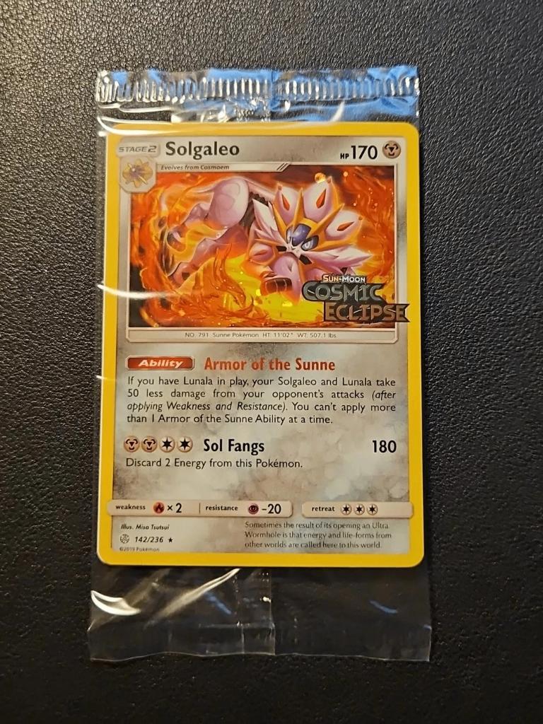 Pokemon store promo cosmic eclipse solgaleo holo sealed, Ophalen of Verzenden, Zo goed als nieuw, Losse kaart, Foil