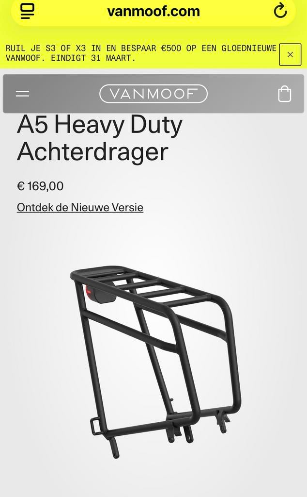 Heavy Duty achterdrager vanmoof S6 open, A5, Fietsen en Brommers, Fietsaccessoires | Bagagedragers, Ophalen of Verzenden, Gebruikt