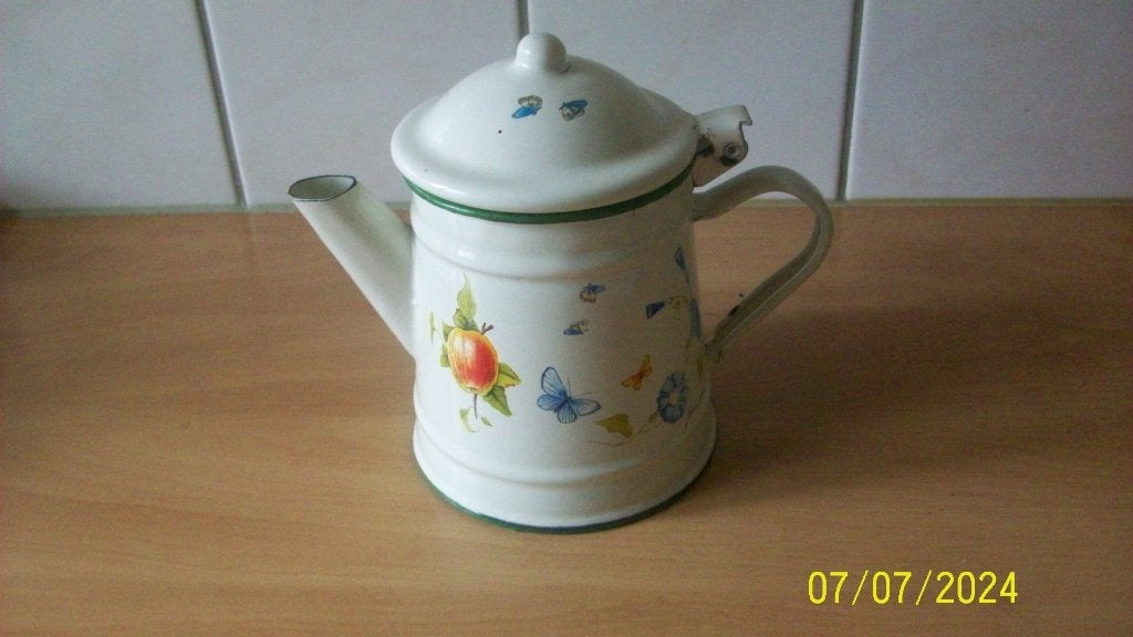 Vintage geëmailleerde koffiepotje, Janneke Brinkman, Ophalen of Verzenden, Metaal, Meerkleurig, Overige merken