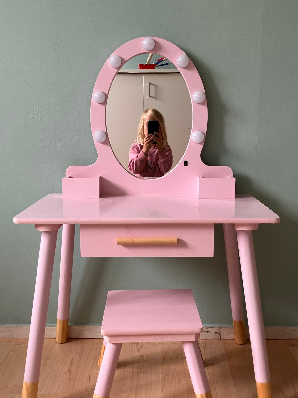 Roze kaptafel met spiegel en krukje voor kinderen, Ophalen, Gebruikt, Tafel(s) en Stoel(en)