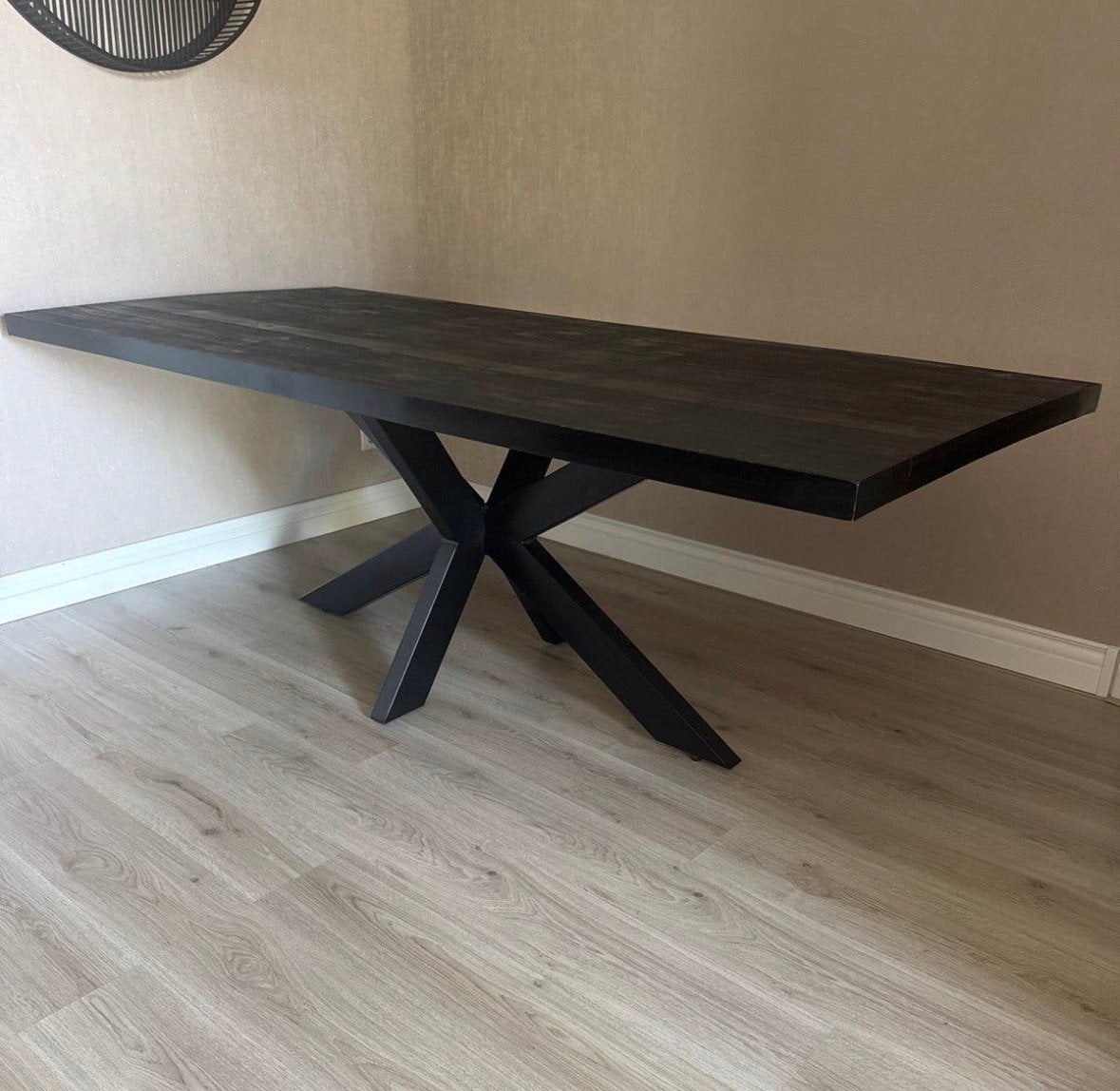 MOET WEG! Zwarte mangohouten eettafel (220x100) met spinpoot, Ophalen, Gebruikt, 100 tot 150 cm, 200 cm of meer
